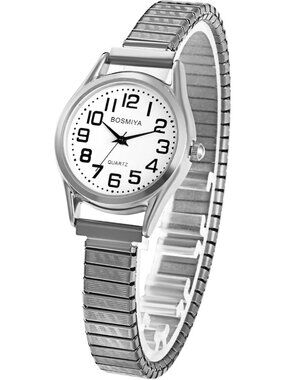 Women's Silver Analog Quartz Small Dial Easy Reader Stretch Band Wrist Watch